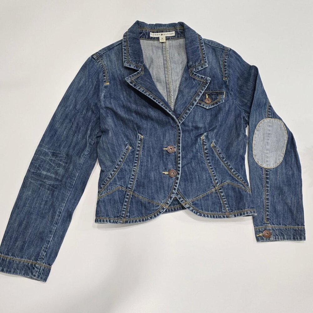 Tommy Hilfiger ✦ Denim Tailored Jacket ✦ Blue Striped Elbow Patch Structured M - Picture 9 of 12